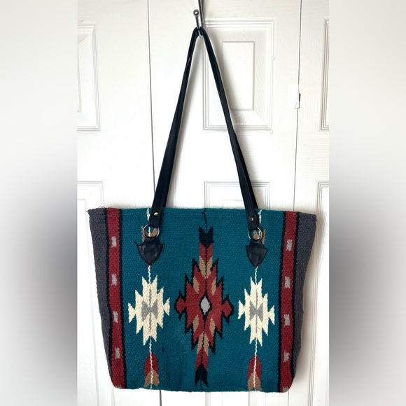 SOUTHWESTERN Saddle Blanket Bag Tote Purse Wool Aztec Tribal Turquoise Red Wool - Picture 2 of 12